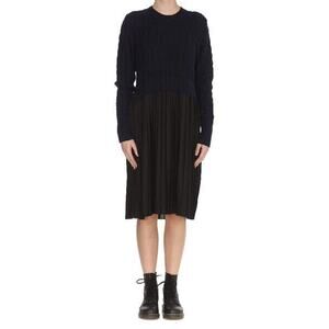KENZO Dress Blue Black Cable Knit Wool Layered Mixed Media Pleated Crepe…